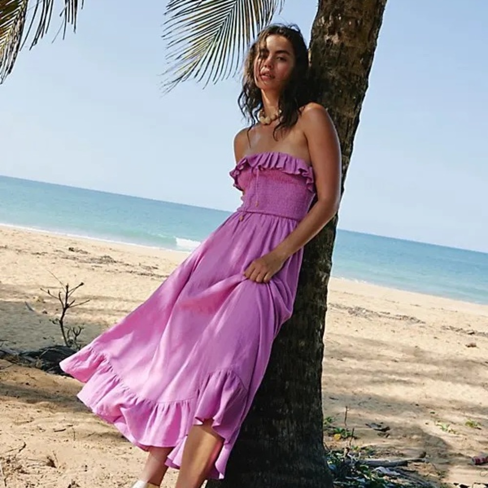 Free People‎ Lush Life Linen Strapless Opera Mauve Midi Dress NWT NEW